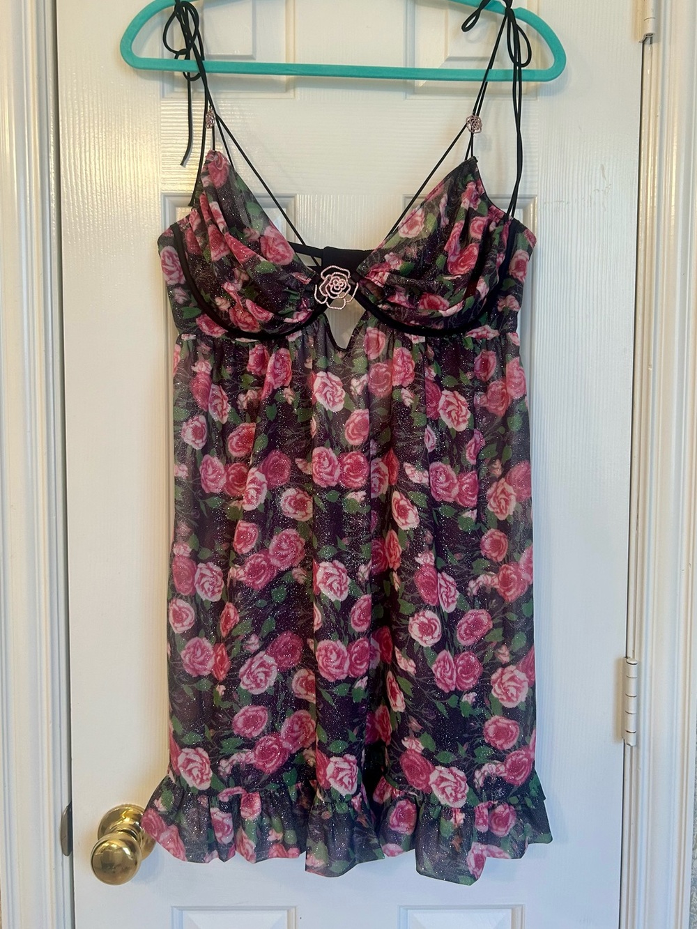 For Love And Lemons Black Sheer Glittering Rose-Print Babydoll